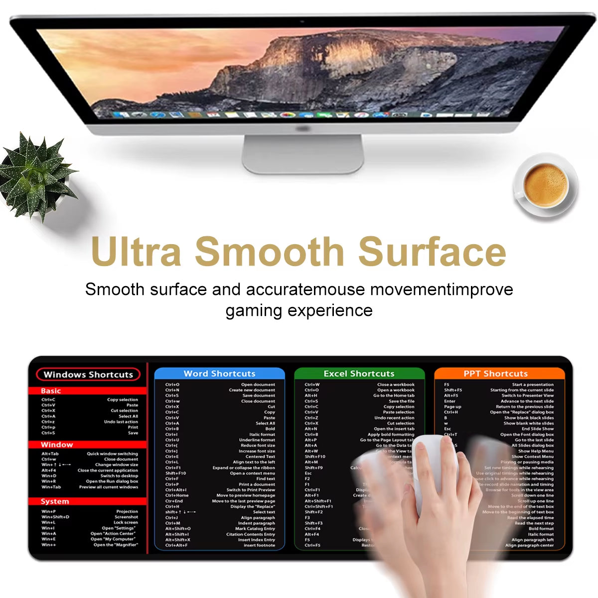 1Pc Black Multi-Software Shortcut Mouse Pad-Large Desk Mat with Anti-Slip Base-Office, School, Home, Gift - Excel, Word PPT