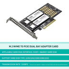 M.2 Nvme&Nvme to PCIE Riser X8/X16 Adapter Card Hard Drive Dual-Disk Interface Gen3 32Gbps Expansion for 2230/2242/2260/2280 SSD