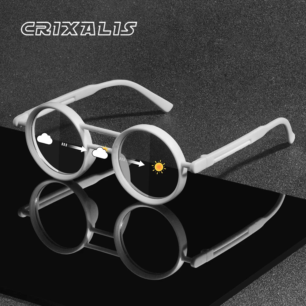 Lunettes de soleil photochromiques femme, rondes vintage noir & blanc, UV400, idéales plage et voyage (16+)