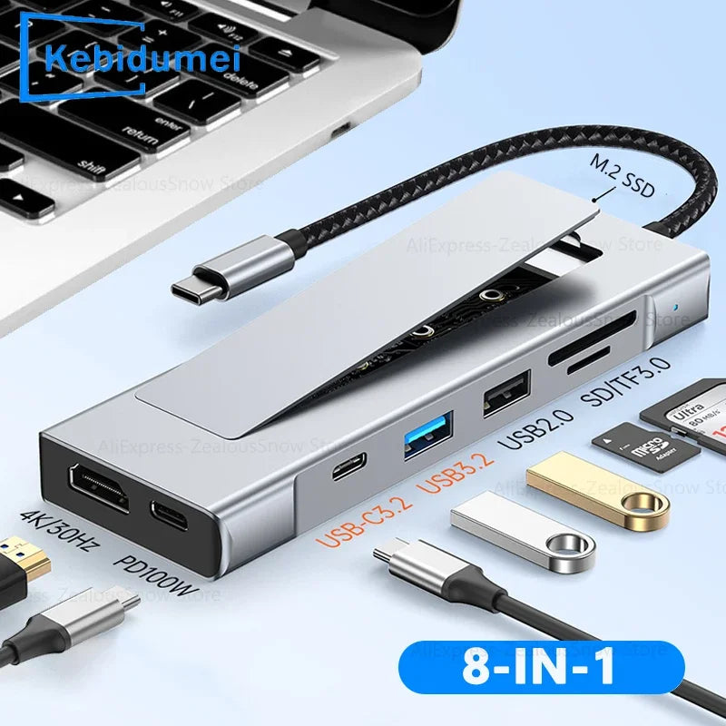 Hub USB 3.2 8-en-1 avec stockage, lecteur de cartes, adaptateur Type-C vers HDMI, compatible MacBook et PC portable
