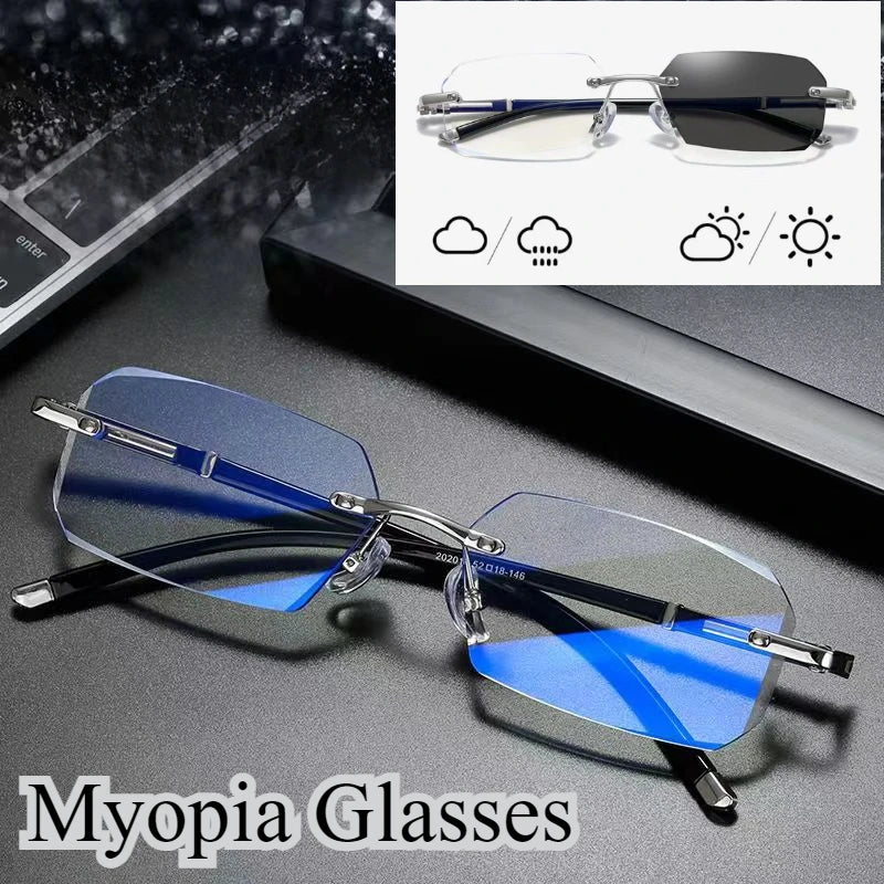 Lunettes de myopie sans monture, haute définition, verres photochromiques en option, anti-lumière bleue, anti-fatigue, claires, pour hommes
