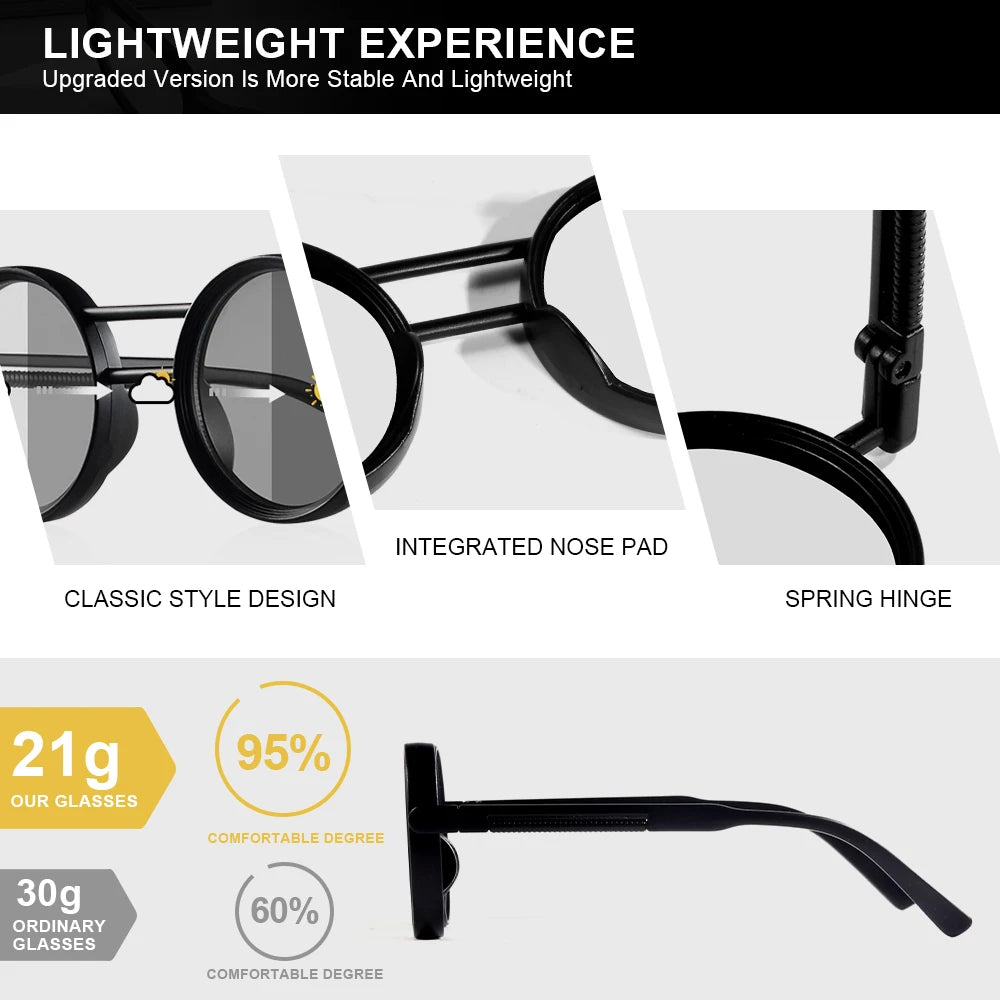 Lunettes de soleil photochromiques femme, rondes vintage noir & blanc, UV400, idéales plage et voyage (16+)