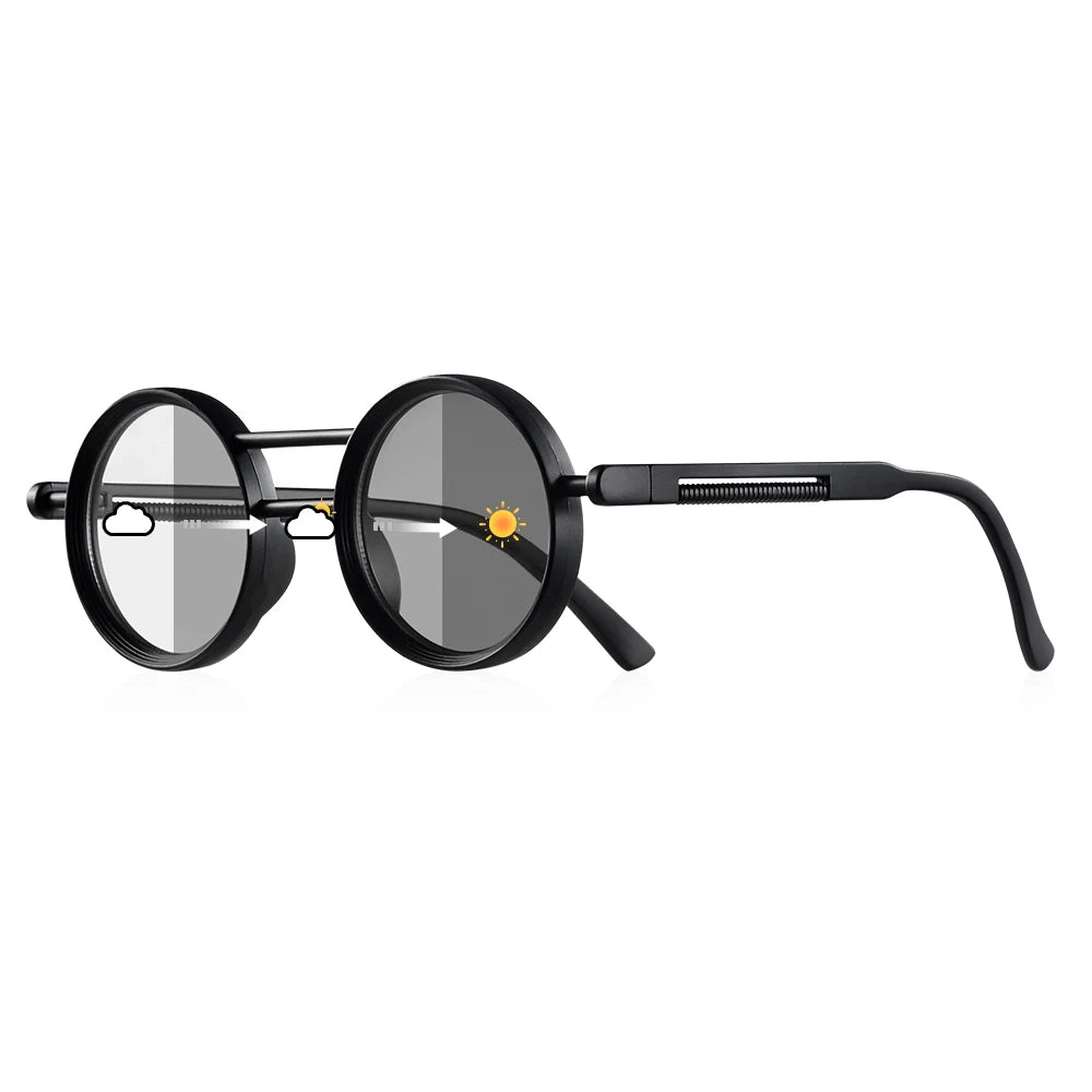 Lunettes de soleil photochromiques femme, rondes vintage noir & blanc, UV400, idéales plage et voyage (16+)