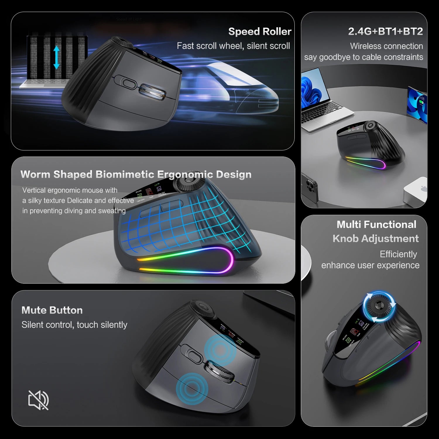 Souris verticale Jomaa, sans fil Bluetooth/USB, molette rapide RGB, ergonomique, boutons silencieux, avec molette multifonction réglable