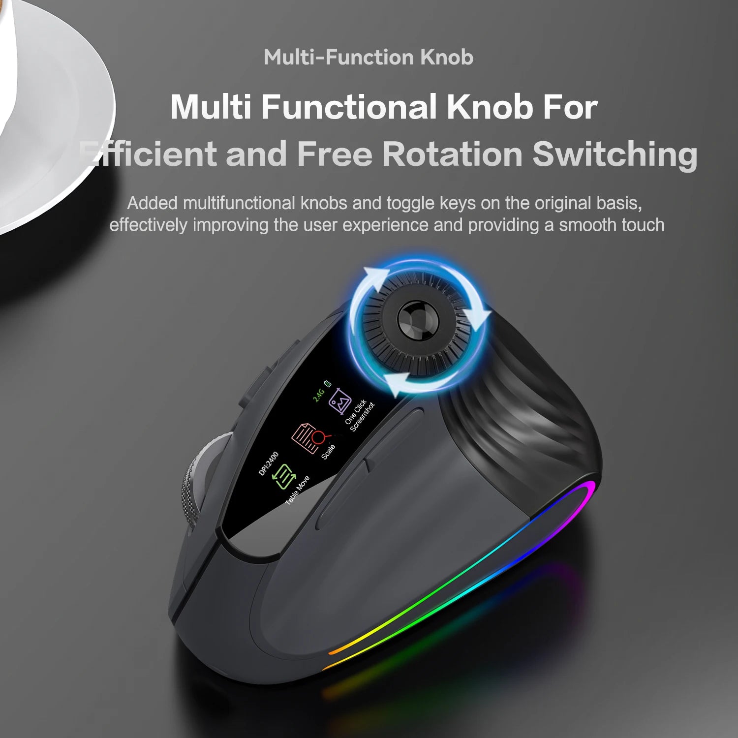 Souris verticale Jomaa, sans fil Bluetooth/USB, molette rapide RGB, ergonomique, boutons silencieux, avec molette multifonction réglable