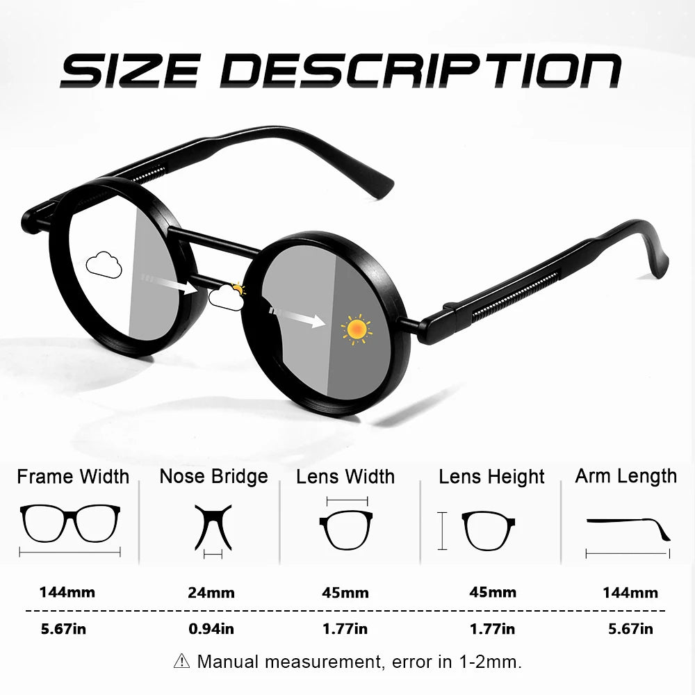 Lunettes de soleil photochromiques femme, rondes vintage noir & blanc, UV400, idéales plage et voyage (16+)