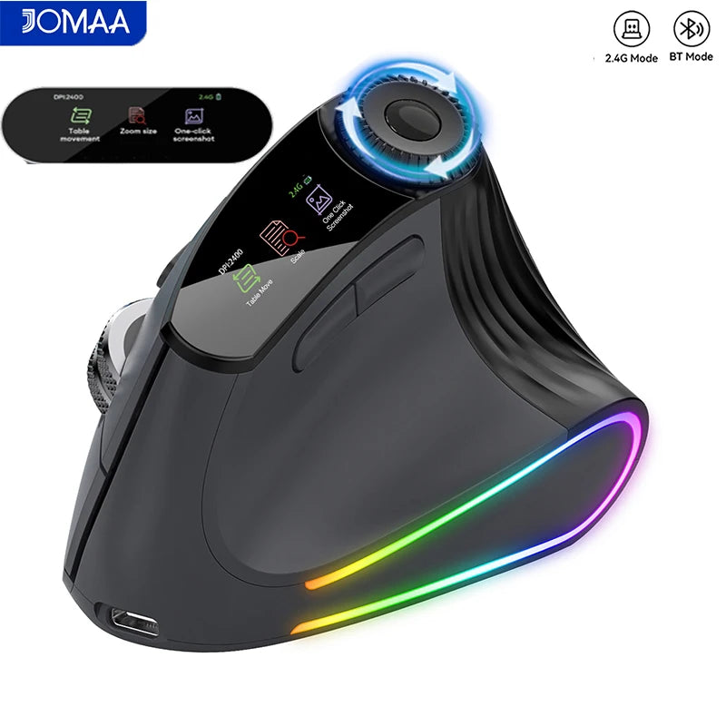 Souris verticale Jomaa, sans fil Bluetooth/USB, molette rapide RGB, ergonomique, boutons silencieux, avec molette multifonction réglable