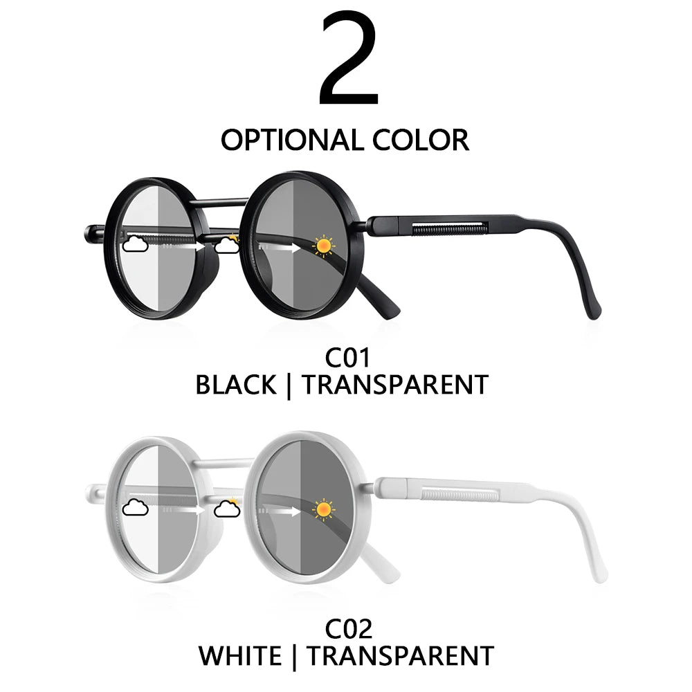 Lunettes de soleil photochromiques femme, rondes vintage noir & blanc, UV400, idéales plage et voyage (16+)