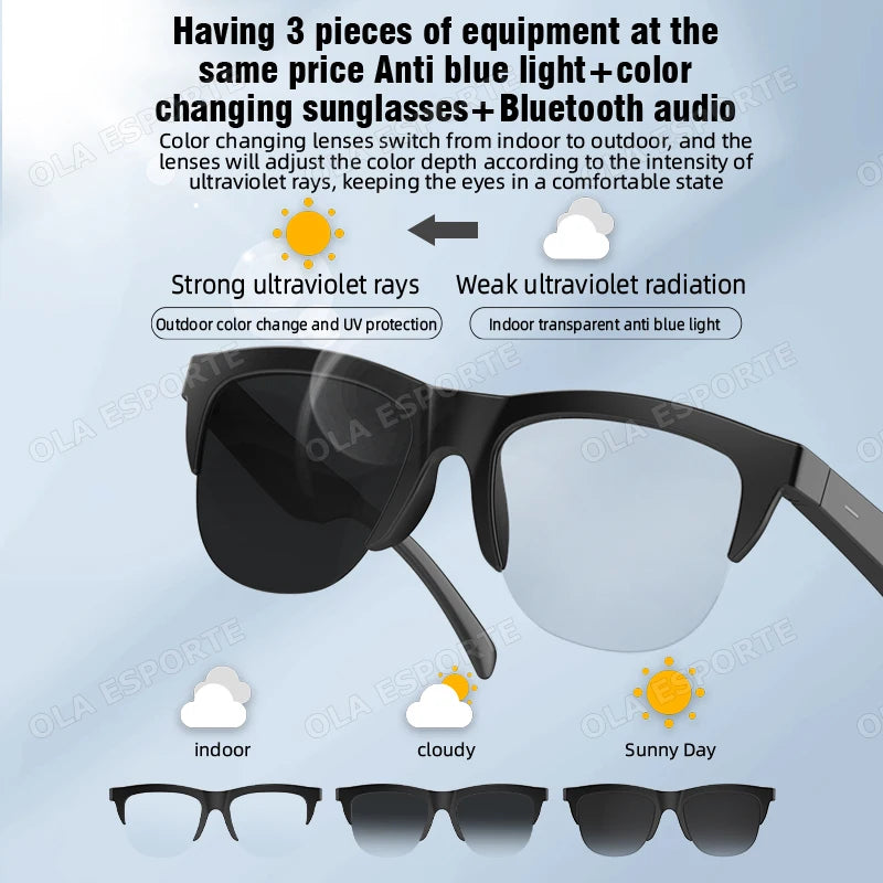 Lunettes intelligentes 2026, verres photochromiques, assistant vocal, Bluetooth sans fil, appels, caméra, sport extérieur, anti-UV, design tendance