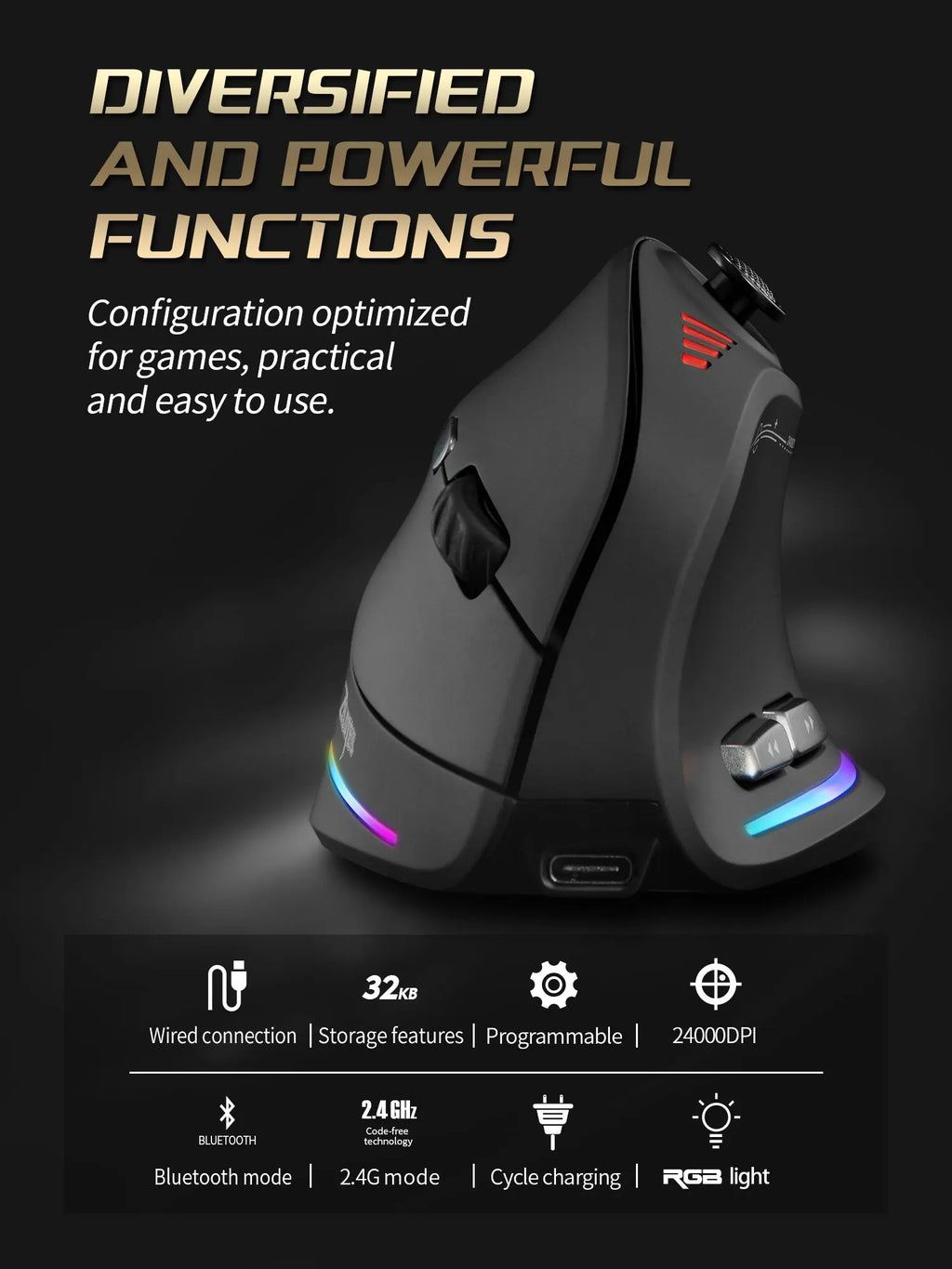 Souris verticale ergonomique ZELOTES F18, sans fil 2.4G/Bluetooth, 24 000 DPI, programmable, gaming, pour PC et portable