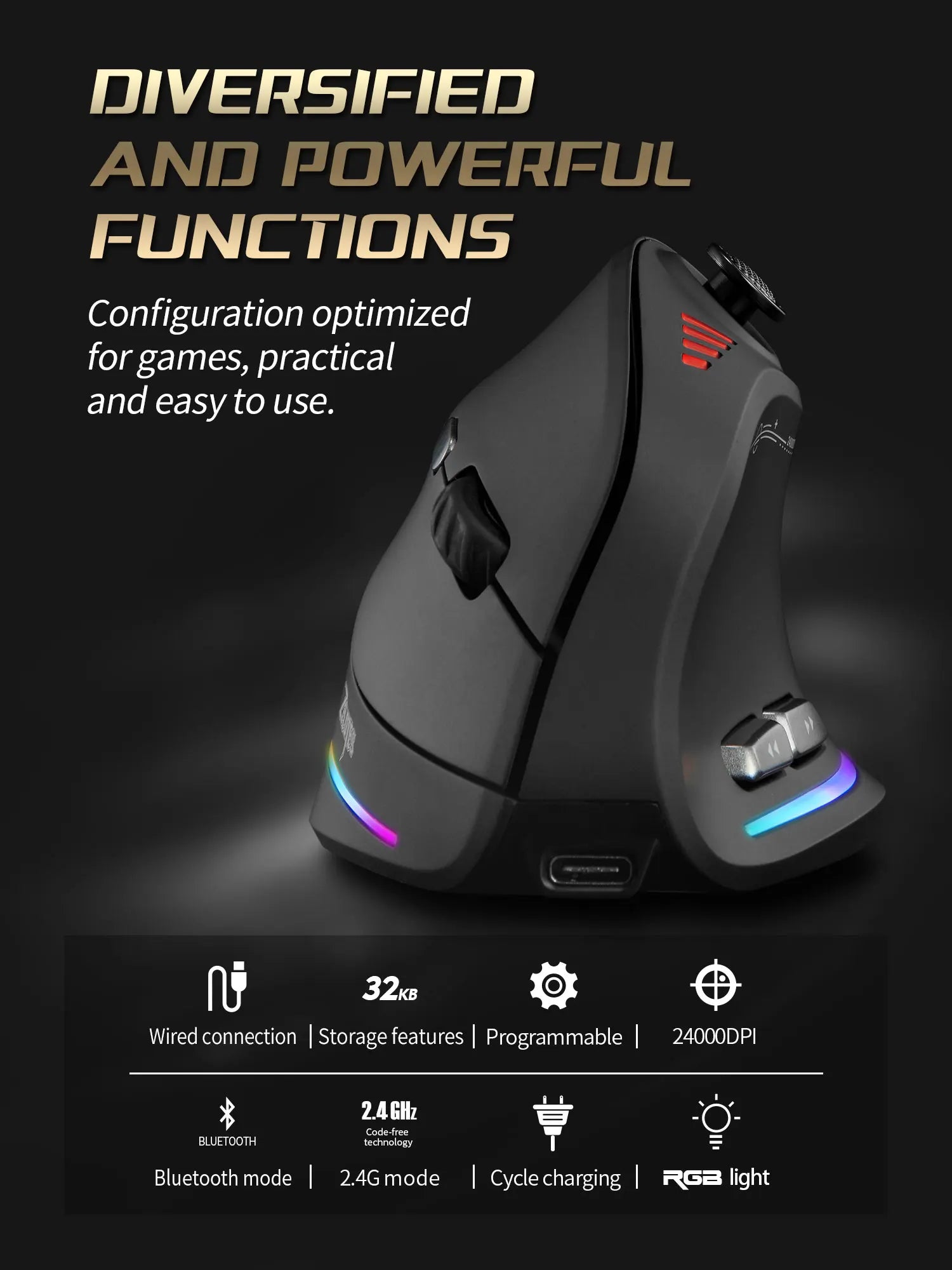 Souris verticale ergonomique ZELOTES F18, sans fil 2.4G/Bluetooth, 24 000 DPI, programmable, gaming, pour PC et portable