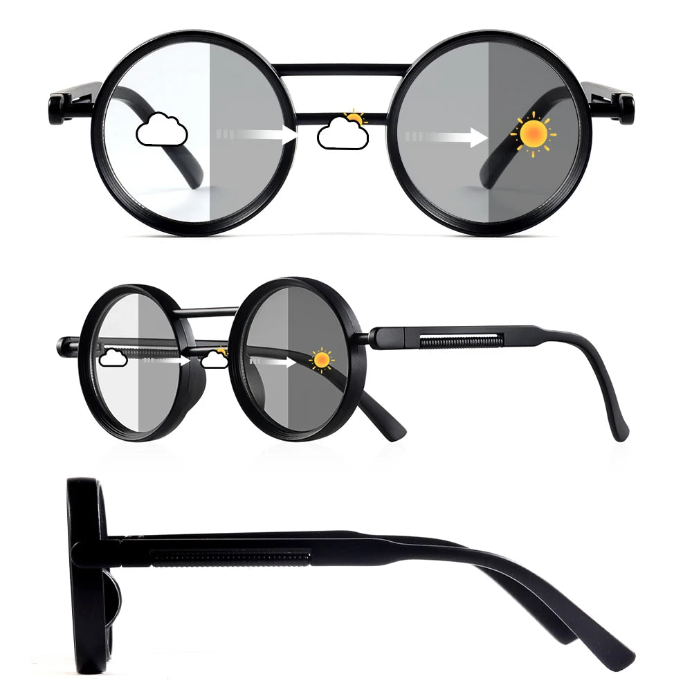 Lunettes de soleil photochromiques femme, rondes vintage noir & blanc, UV400, idéales plage et voyage (16+)