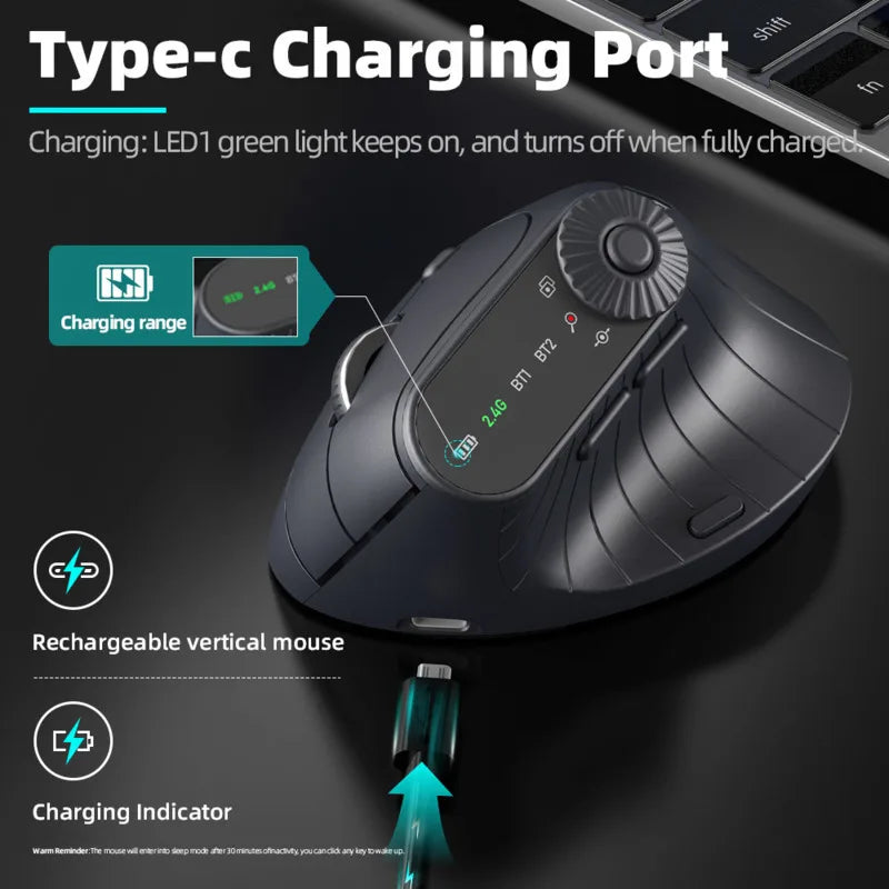 Souris verticale ergonomique multi-appareils, rechargeable, sans fil 2.4G/Bluetooth, avec boutons réglables, pour PC et tablette