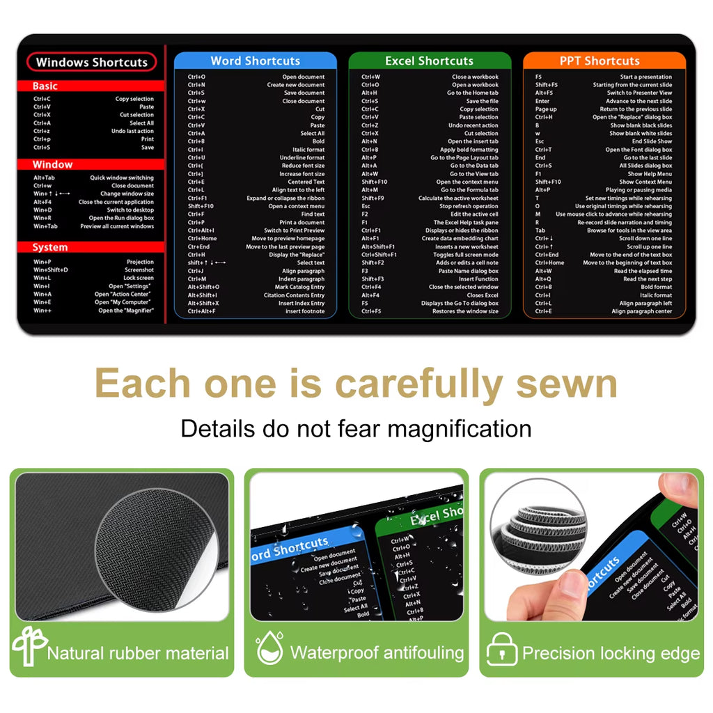1Pc Black Multi-Software Shortcut Mouse Pad-Large Desk Mat with Anti-Slip Base-Office, School, Home, Gift - Excel, Word PPT