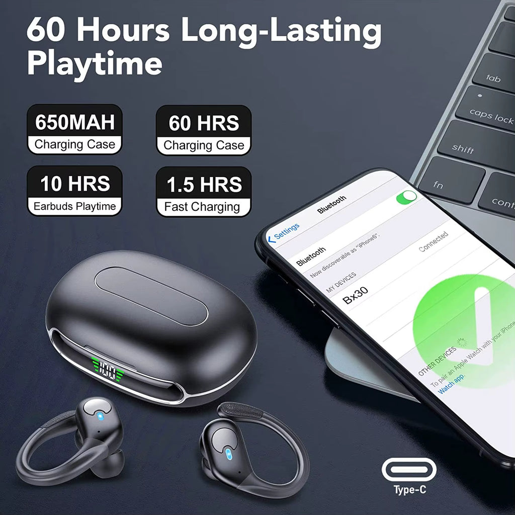 True Wireless Bluetooth 5.4 Headphones Sports Earphones TWS Waterproof Headset Power Display Noise Reduction Earbuds with HD Mic