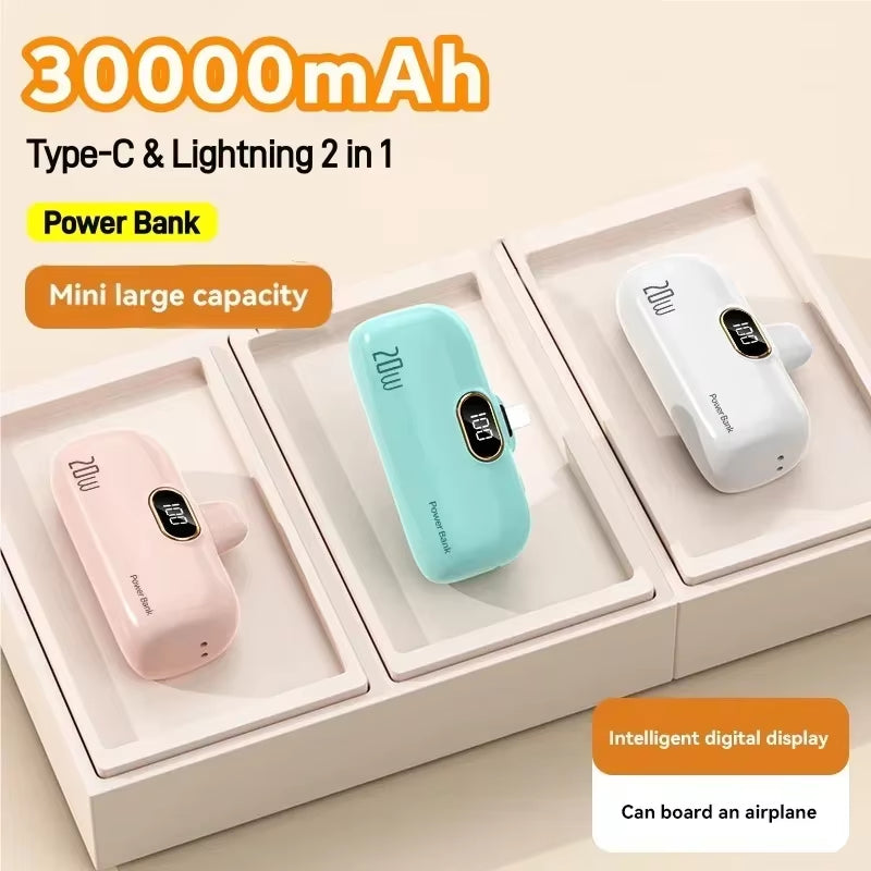 30000Mah Mini Caplsule Power Bank High Capacity Charger Mini Power Supply Digital Display Fast Charge for Type-C Iphone