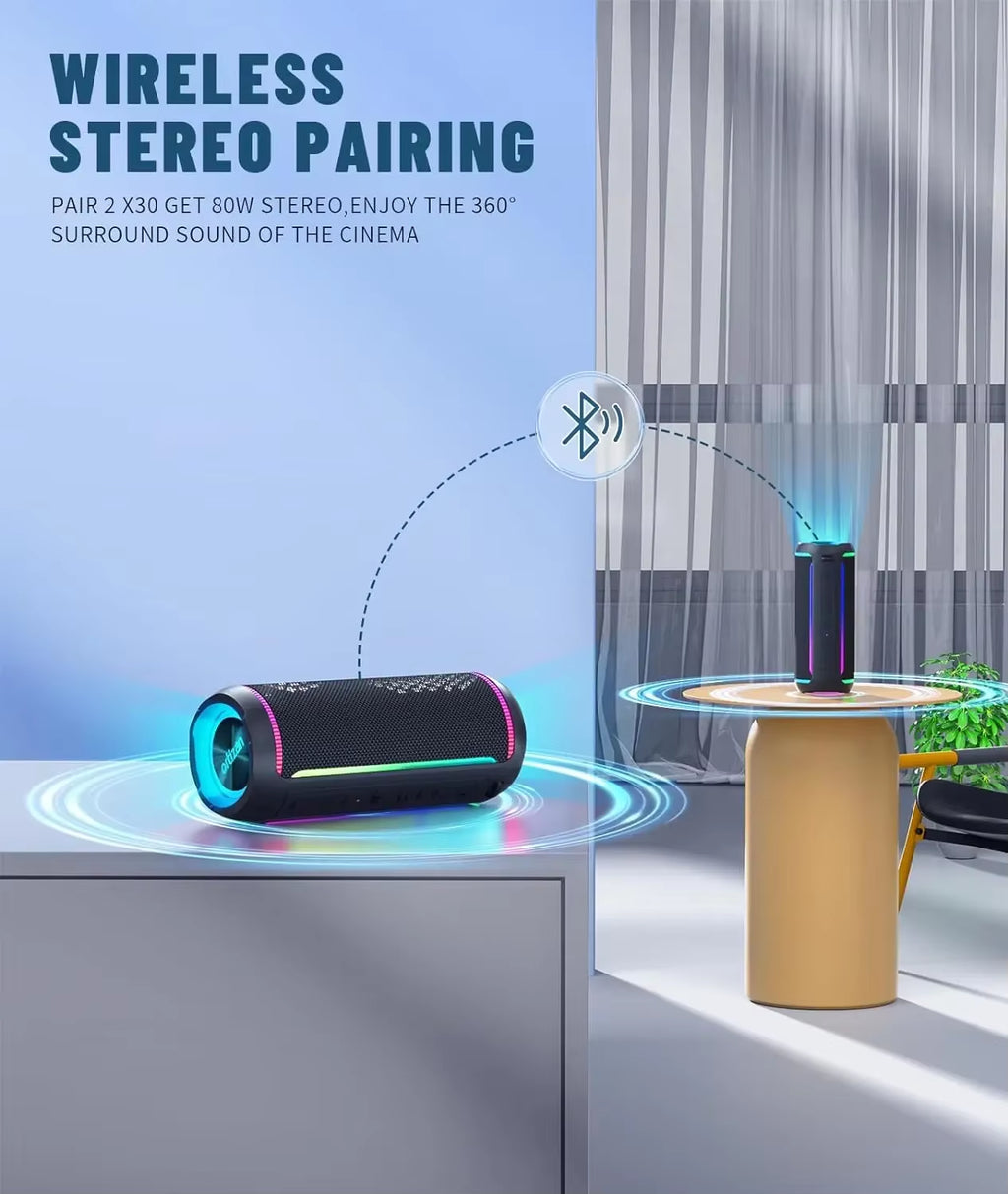 Bluetooth Speaker X30, V5.3 Wireless IPX7 Waterproof Shower Speaker,40W Hifi Stereo Sound,Tws Pairing,30H Music Playtime