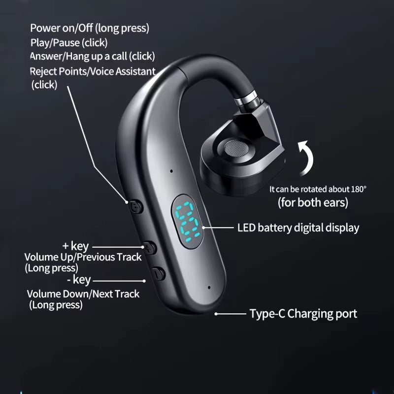 One Ear Headset Open Ear Air Conduction Headphones Wireless Headset Earpiece with Microphone for Cell Phones 30H Playtime